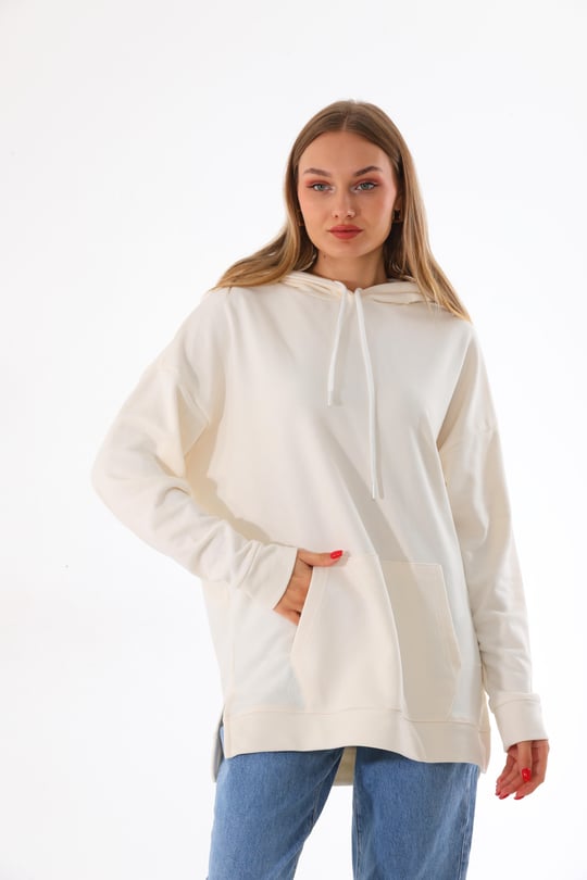 Bej hoodie kadın sweatshirt - Görsel 6