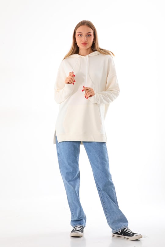 Bej hoodie kadın sweatshirt - Görsel 2