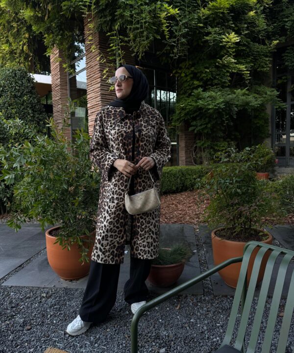 Leopar Desen Uzun Kanvas Trençkot