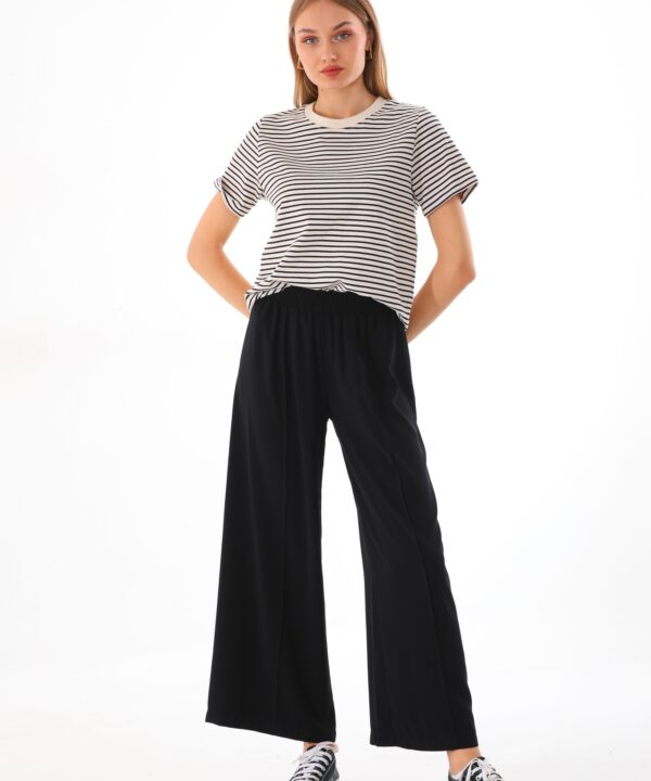 Ön Dikişli Yüksek Bel Bol Paça Siyah Krep Pantolon