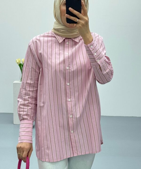 Oversize Çizgili Pembe Gömlek