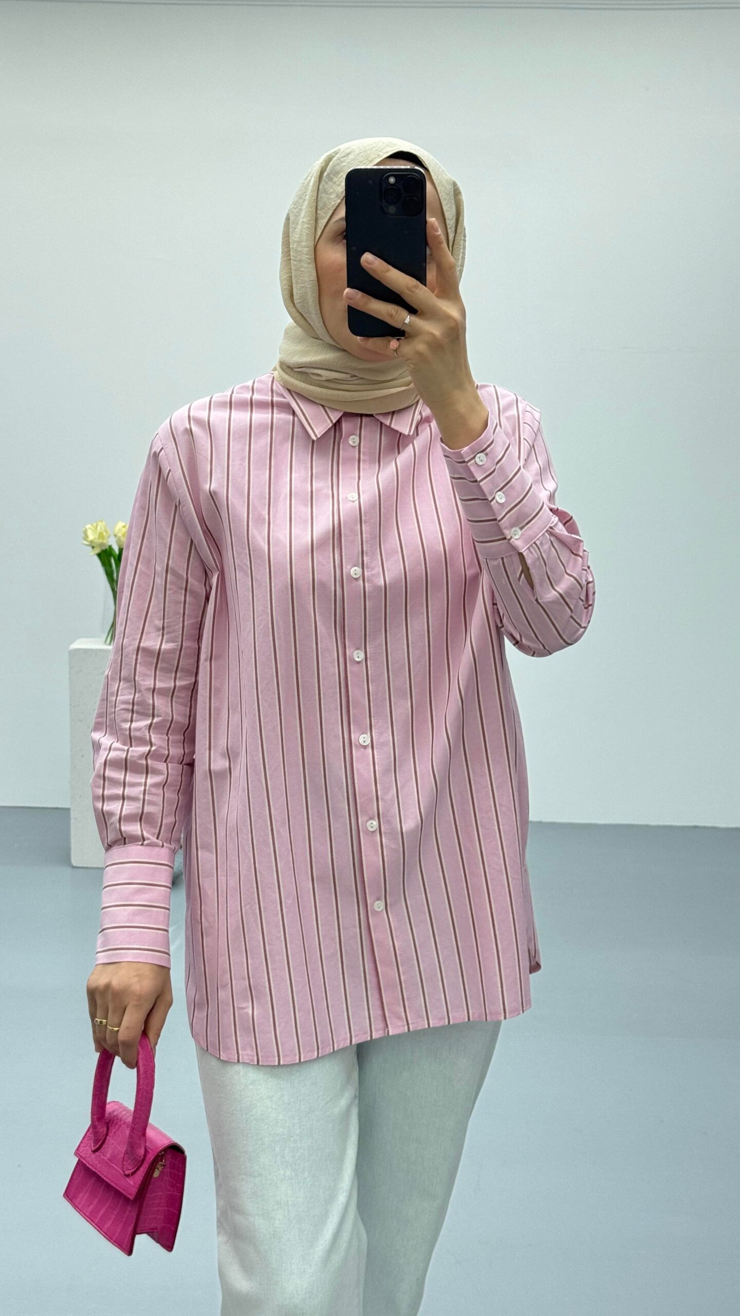 Oversize Çizgili Pembe Gömlek