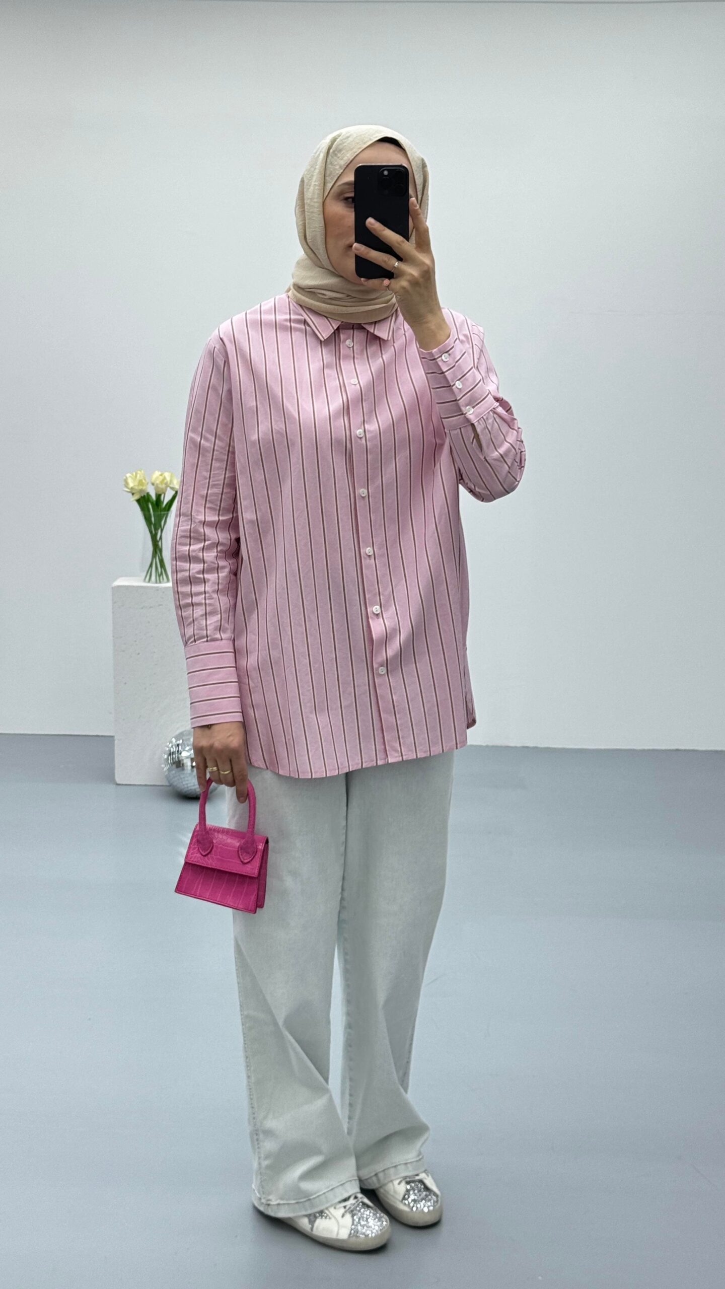 Oversize Çizgili Pembe Gömlek - Görsel 3