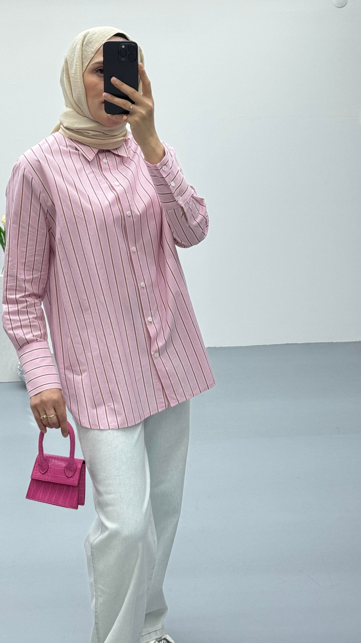 Oversize Çizgili Pembe Gömlek - Görsel 4