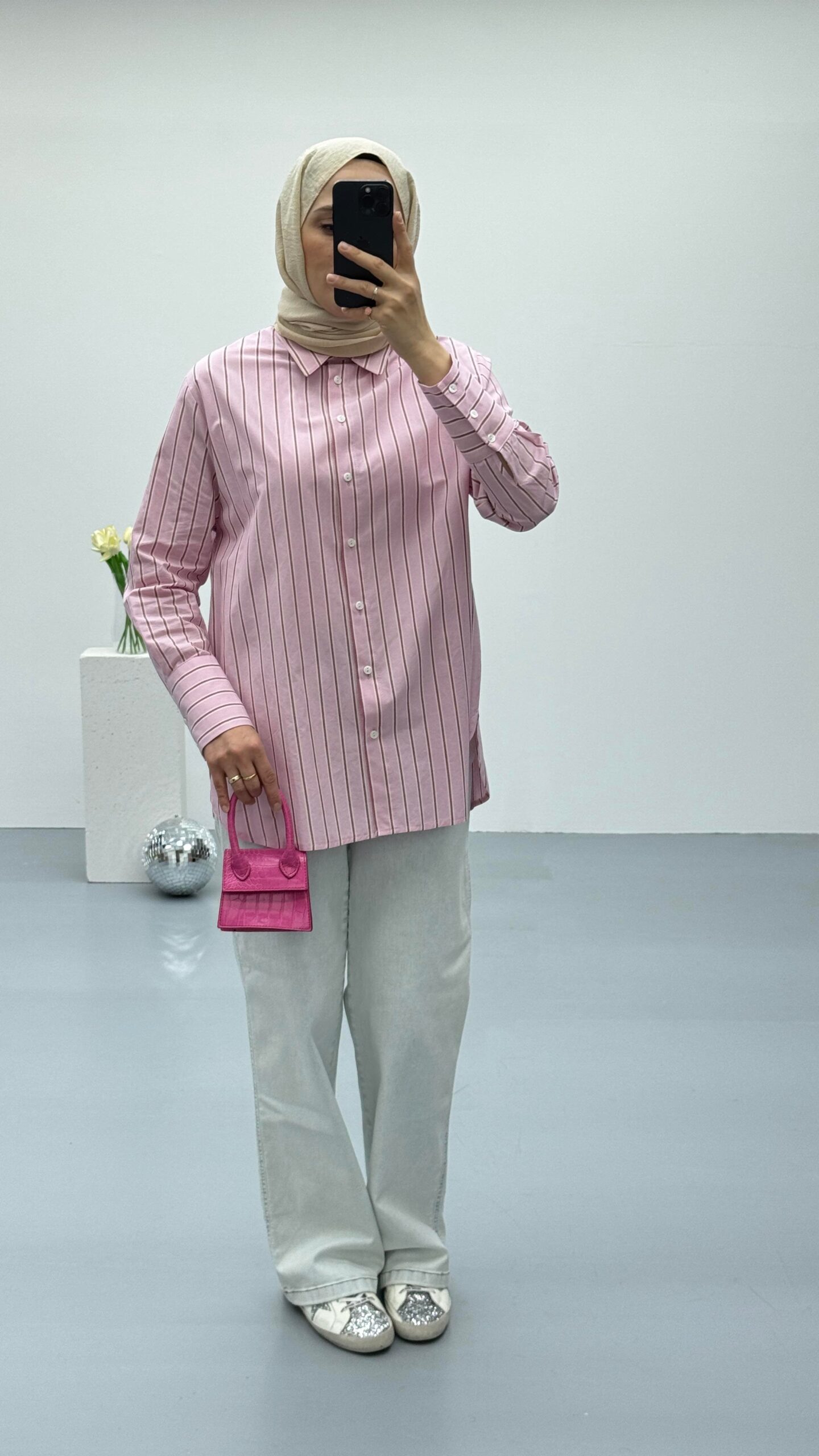 Oversize Çizgili Pembe Gömlek - Görsel 2